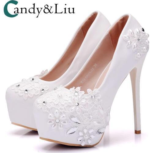 White Lace Crystal Flower Wedding Shoes Super High Heel Slip-on Women Pumps with Platform Party Banquet Evening Dress Bridesmaid
