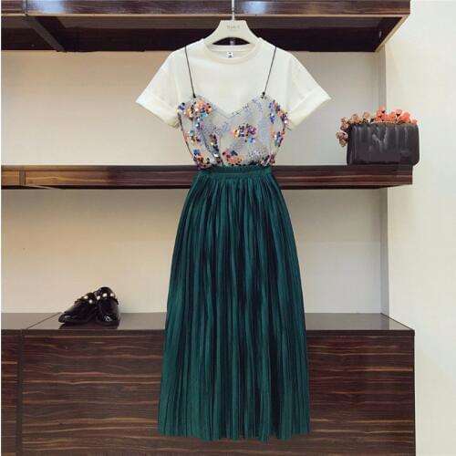 2019 Summer Women Two Piece Sets Sequined Patchwork Mesh T-shirt & Empire Solid Velvet Pleated Skirt Sets High Street Fashion