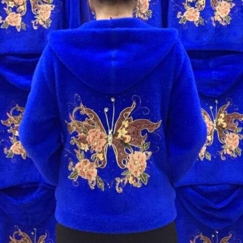 Women Faux Mink Velvet Coat Autumn Winter Hooded Knit Jacket Short Single-breasted Embroidery Fashion Woolen Coat Outwear X517