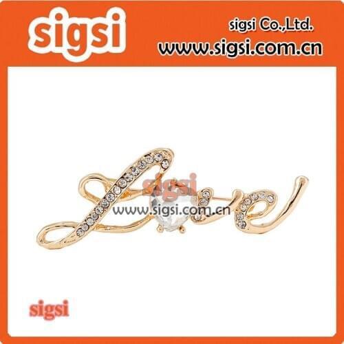 100pcs/lot gold plated love letter crystal rhinestone brooch for valentines day gift