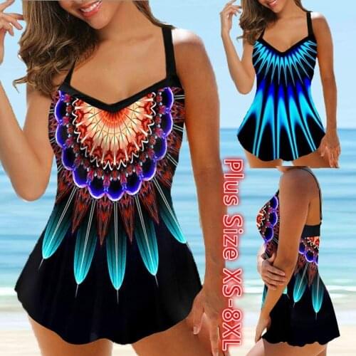 2021 Sexy Swimwear Summer Women Plus Size 8XL Tankini Sets Print Backless Two Pieces Swimsuit Beachwear Swimdress Sets