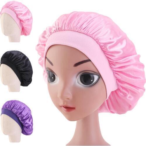 Kids Girls Satin Bonnet Cap Night Sleep Hair Protect Head Cover Wide Band Hats Solid Color Hair Loss Hat Beanies Skullies Turban