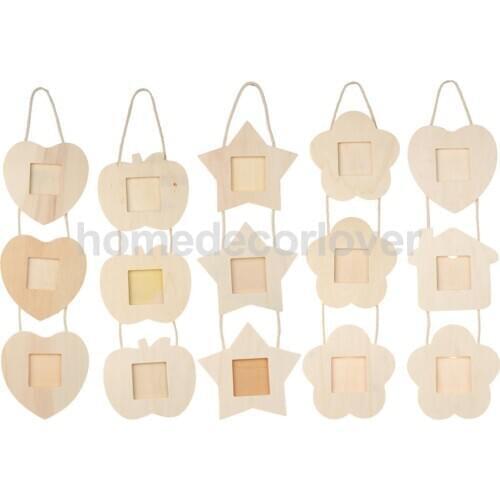 Rustic Wooden Love Heart Star Flower Shape Triple Hanging Photo Frames DIY Pictures