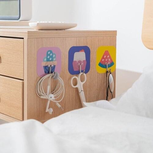 4pcs Strong Sticking Household Cute Cartoon Popsicle Strawberry Watermelon Key Holder Wall Mounted Adhesive Coat Hanger Hat Rack