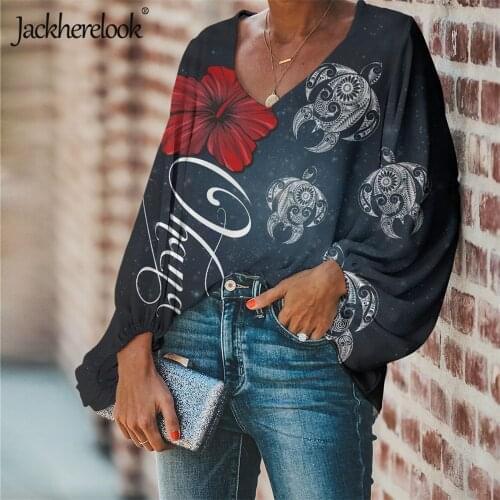 Jackherelook Hawaiian Turtle Hibiscus Plumeria Women Blouses Long Sleeve Shirt Loose Tops Plus Size S-4XL Blusas Chemisier Mujer