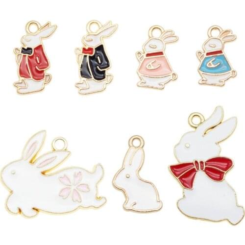 Julie Wang 7PCS Enamel Rabbit Bunny Charms Alloy Mixed Animal Pendants Bracelet Jewelry Making Accessory