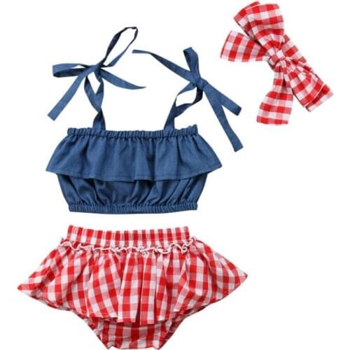 Kids Baby Girl Outfits Set Tops +Plaid Shorts Pants+Headband Summer 3PCS Clothes 0-3Y