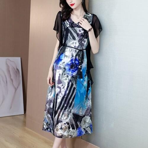 Summer Elegant Black Print Mulberry Silk Beach Dress 2021 Casual 5XL Plus Size Chiffon Midi Sundress Women Bodycon Party Vestido