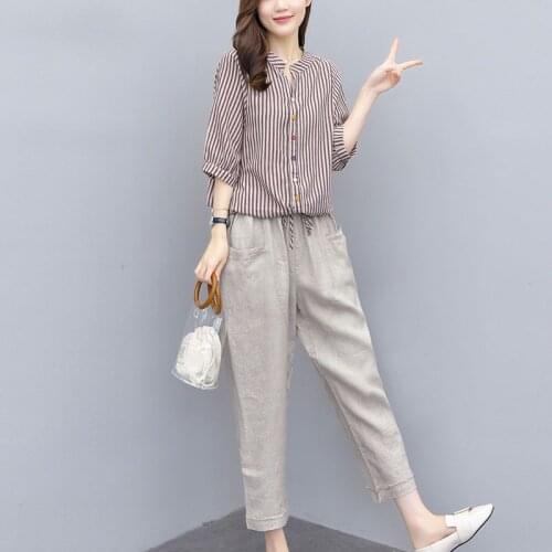 2021 Summer New Cotton and Linen Suit Womens Korean Style Striped Top Pants Casual Two-piece Suit Pants Office Lady Large Size