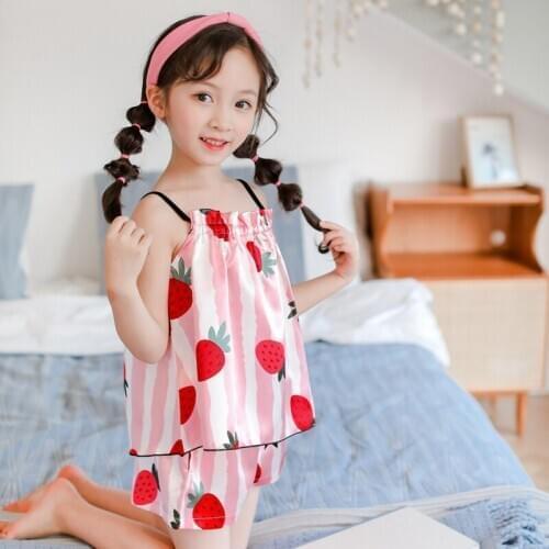 HOT Summer Kid Sleepwear Sets Nightgown Girls Cotton Strawberry Print Pajamas Boy Homewear Children Loungewear