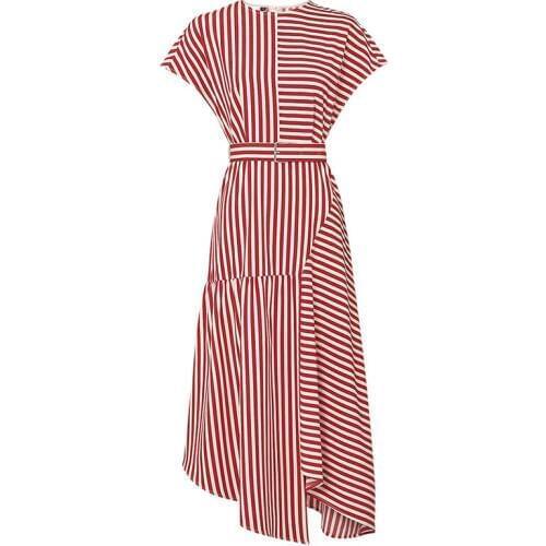 PERHAPS U Red Striped O-neck Zipper Short Sleeve Asymmetrical Knee Length Dress Summer Elegant Sash Women Dress D1681