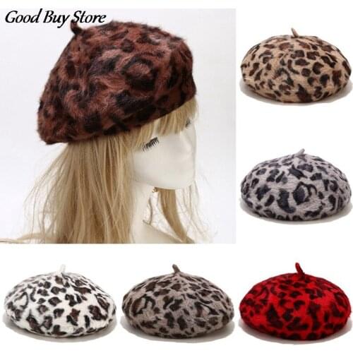 Leopard Wool Berets Hats Women Warm Wool Beanies Hat Winter Autumn Headwear French Artist Vintage Caps Painter Fashion gorras