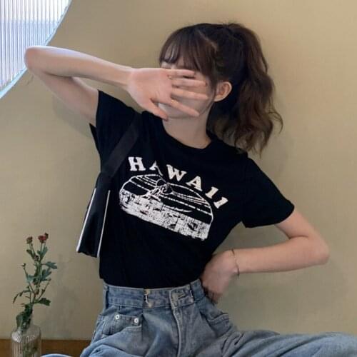 Tops Slim Short Print T-shirt Top Women Summer Basic Short-sleeved Round Neck Bottoming Shirt Tide