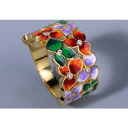 Vintage Elegant Flower Petal Yellow Gold Zircon Rings Ladies Bohemia Multicolour Enamel 925 Silver Wedding Cocktal Ring Jewellry