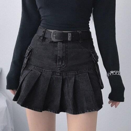 Y2K Aesthetics Black Denim Pleated Skirts with Big Pockets Sexy Bodycon New Mall Goth High Waist Jean Skirts Punk E-girl Outfits