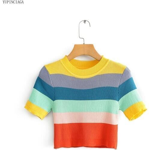 2020 New Summer Casual Rainbow Striped High Waist Knitted Short T shirt Women Sexy O-neck Hit Color Crop Top For Girl YUPINCIAGA