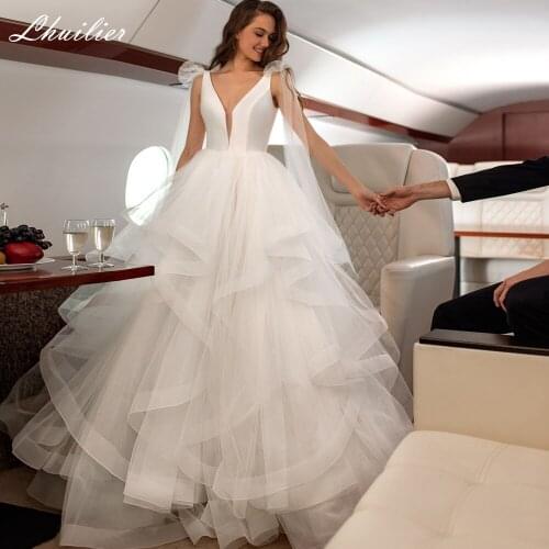 Lhuilier Womens Sexy V Neck A Line Backless Wedding Dresses 2021 Sleeveless Floor Length Tulle Chapel Train Bridal Gowns