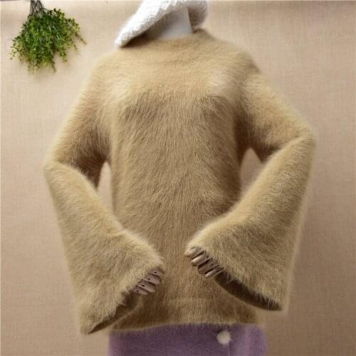 Ladies women fashion hairy plush mink cashmere knitted long flare sleeves slim blouses pullover angora fur jumper sweater pull
