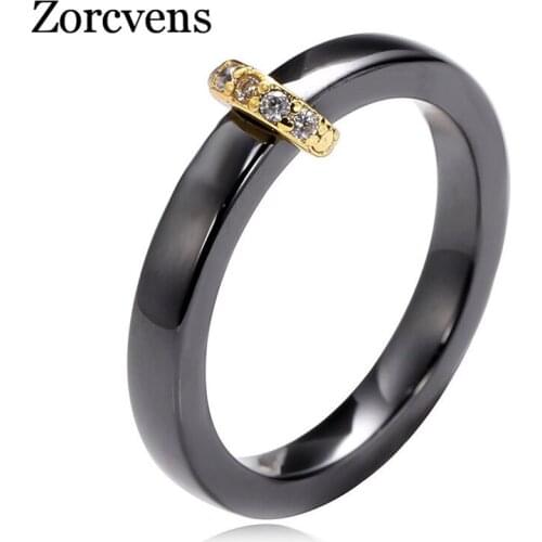 Modyle New Smooth Ceramic Ring Cubic Zirconia Black And White Color Women Jewelry Engagement Wedding Band Gifts For Women