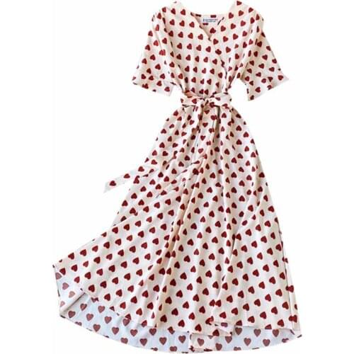 2021 New Summer Women V-Neck Short Sleeve Sashes Slim Long Dress Sweet Cherry Love Print Big Hem Vacation Dress