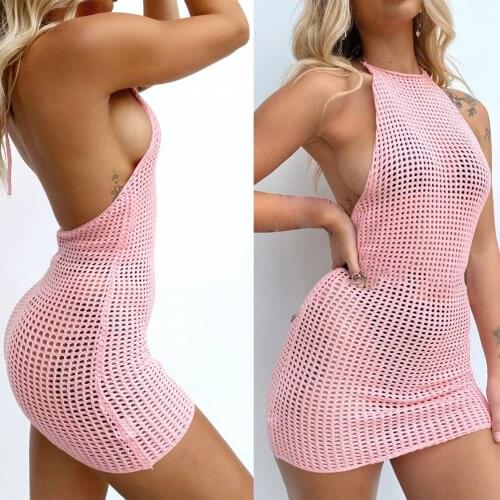 Womens Halter Halter Mesh Perspective Sleeveless Hip Dress Pink