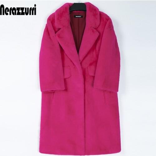 Nerazzurri Winter long faux fur coat women lapel Plus size outerwear for women 4xl 5xl 6xl Warm soft fluffy fur coats for women