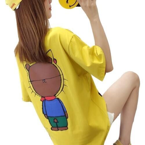 Zuolunouba Summer New Half-sleeve Han Fan Reduced Age Wild Loose Mid-length Women T-shirt Cartoon Printed Round Neck Tees Tops