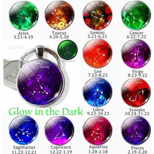 12 Constellation Zodiac Sign Keychain Luminous Glass Cabochon Dome Jewelry Gemini Virgo Libra Pendant Key Chain Birthday Gift