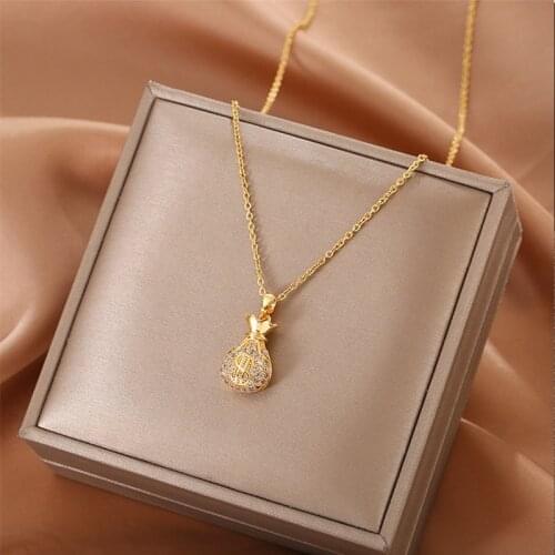 2021 Korean Fashion Crystal Inlaid Gold Color Purse Pendant Stainless Steel Women Clavicle Necklace Female Elegant Party Jewelry