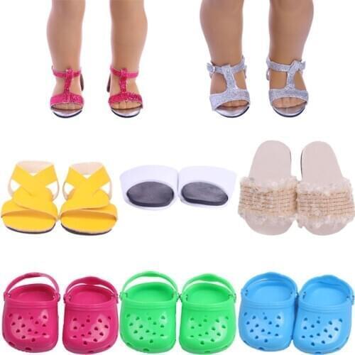 3 Pair Of Sequin &Mesh Sandals &2 Pair Of Slipper Doll Shoes For 18 Inch And New Born Baby Generation Birthday Girls Toy Gifts