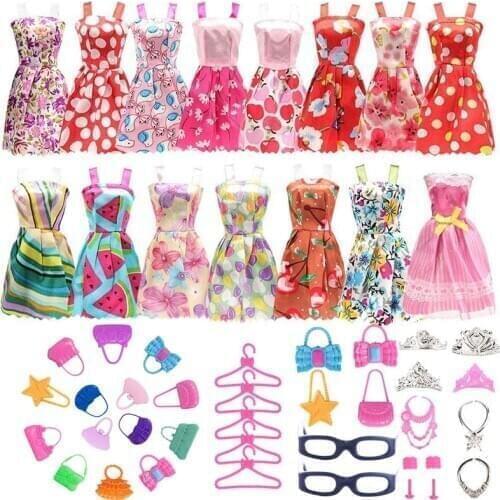 32 Items/lot=10 Pcs Doll Clothes+10 Hangers+2 Glasses+2 Plastic Necklace+2 Handbag+2 Crowns+2 Bracelets+2 Ear Studs For Barbies