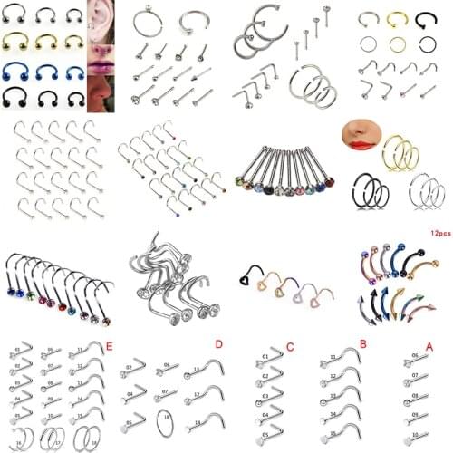 5pcs/10pcs/20pcs/lot Stainless Steel Crystal Rhinestone Nose Studs Hooks Bar Pin Nose Rings Body Piercing Jewelry For Women