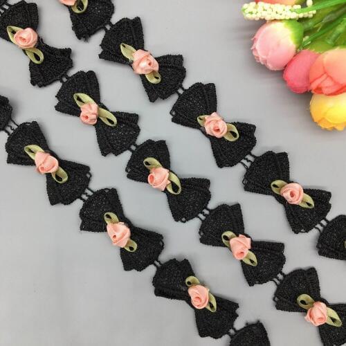 50X Fashion 3D Black Bowknot Rose Flower Embroidered Lace Trim French Fabric Ribbon Wedding Patches Handmade DIY Sewing Craft