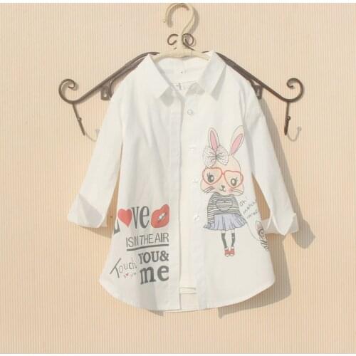 Girls Blouse Spring Children Clothes Cartoon Rabbit Long Sleeve Tops White Blouses for 8 To 12 Years Teenage Girls Shirt