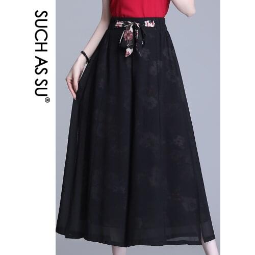 Summer Chiffon Trousers For Women Elastic High Waist Fashion Female Wide Leg Pants M-XL Plus Size Ankle-Length Printed Culottes