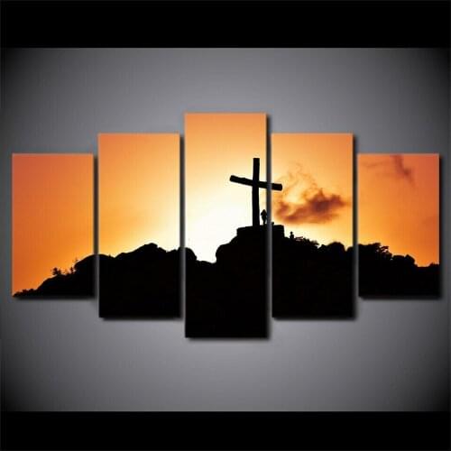 Home Decor Canvas Print 5 Pcs HD Christian Cross On The Hill Sun Painting Wall Art Modern Pictures Living Room Modular No Frame