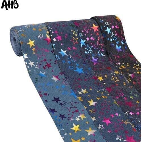 AHB 2Yards 75mm Denim Ribbon Bronzing Stars Printed Ribbons For Bows Gifts Packing Wrapping Tape Party Festival Decor Materials