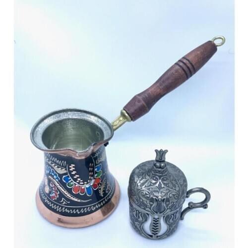 Set of Turkish Copper Engraved Lux Coffee Pot- Coffee Cup with Lid and Saucer-Two Units Golden Color Spoon - Small Candy Pot