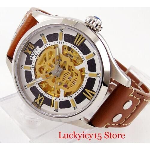 PARNIS 43mm Skull Automatic Men Wristwatch Hollow Gold Dial Polished Case Special Design Leather Strap