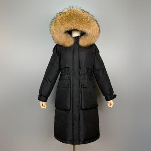 Women Winter Jacket Large Natural Raccoon Fur Hooded Long Down Coat 90% Duck Down Parkas Female Thickness Sash Tie Up Jackets