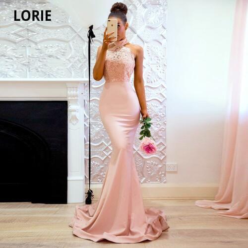 LORIE Satin Blush Pink Evening Dresses Lace Appliques 2020 Elegant Formal Prom Gown Long Halter Sleeveless Open Back Party Dress