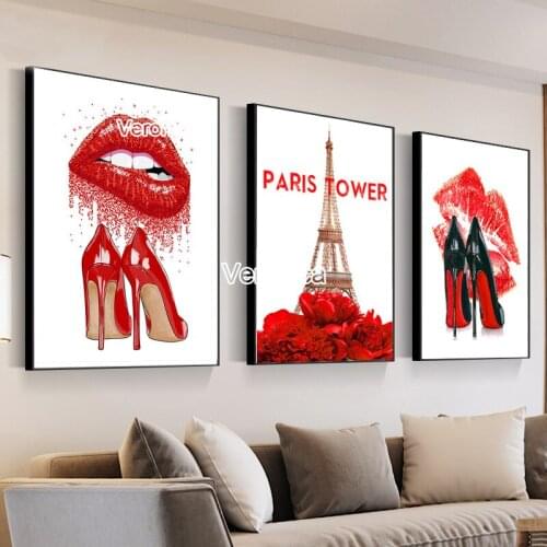 Fashion Paris Girl Perfume Red Lips Heels Flower 5D Diy Art Poster Full Diamond Embroidery Diamond Painting Kit Girl Room Decor