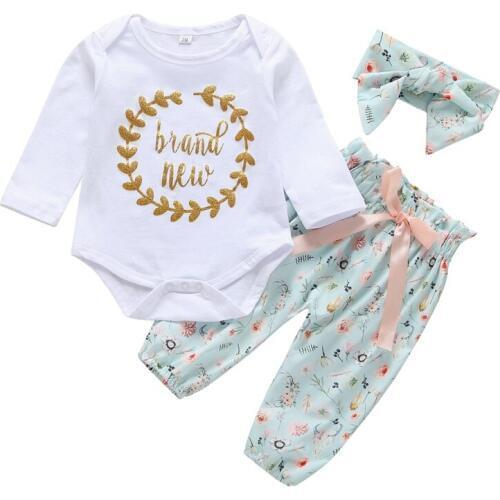 0-12M Baby Girl Clothes 3pcs Cotton Newborn Kid Baby Girl Letter Print Clothes Romper Bodysuit Pants Outfits