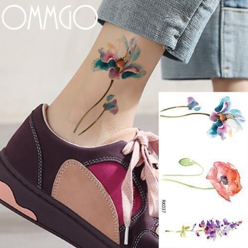 OMMGO Sexy Watercolor SweetPeas Flower Temporary Tattoos Sticker Fake Tatoos Floral Body Art Arm Leg 3D Tattoo Leaf Lavender DIY