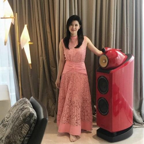 Salmon Peachy Coral Floral Lace Embroidery Sleeveless Maxi Dress Cutwork Pleated Gown Crinkle Satin Patches Jacquard Event Dress