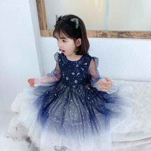 Elegant Party Wedding Girls Dress Starry Gradient Sequin Baby Kids Tutu Dress Mesh Lantern Sleeve Children Vestidos 24M-8T