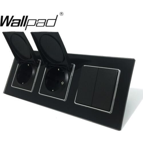 2 Cap EU Socket+ Lamp Switch Wallpad Luxury Black Crystal Glass 2 Gang 2 Way and Double 16A EU Socket with Dust Cap Claws Mount