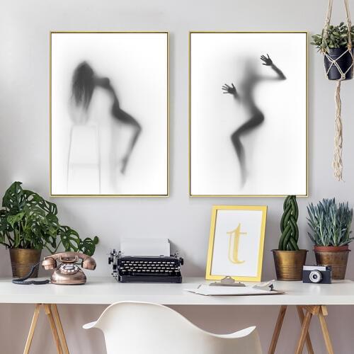 Nordic Style Sexy Silhouette of a Dancing Nude Woman Behind Curtain Canvas Posters and Prints Wall Art Picture for Living Room