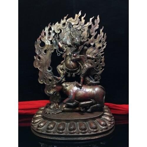 21" Tibet Buddhism Old Bronze Cinnabar Lacquer Yamantaka Yab-Yum Buddha Statue Bull riding statue Enshrine the Buddha