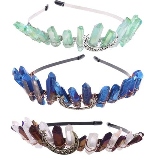 Boho Vintage Witch Tiara Faux Raw Crystal Headband Alloy Moon Angel Aura Crown